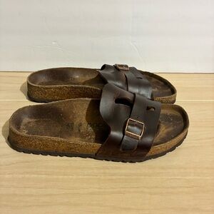 Papillio Brown Leather Two-Strap Slide Sandals